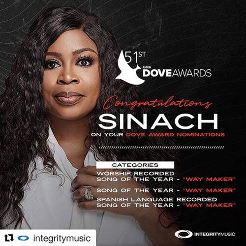 Sinach’s “Way Maker” Gets Multiple Dove Awards Nomination