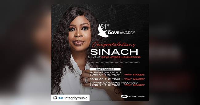 Sinach’s “Way Maker” Gets Multiple Dove Awards Nomination