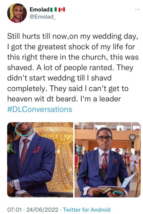 Nigerian Man Recounts How He Was Forced To Shave His Beards By The Church On His Wedding Day