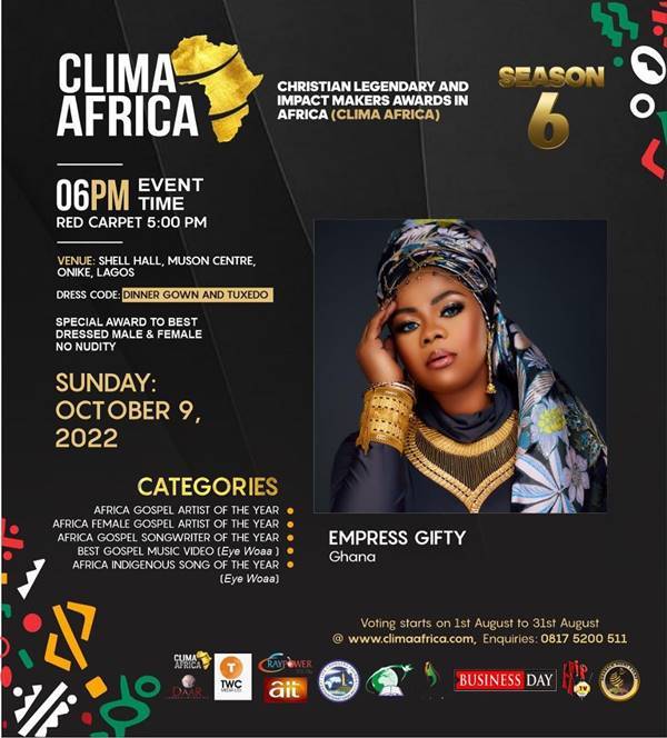 Multiple Award Winning Ghanaian Gospel Powerhouse, Empress Gifty Scoops 5 Nominations At CLIMA Africa Music 2022