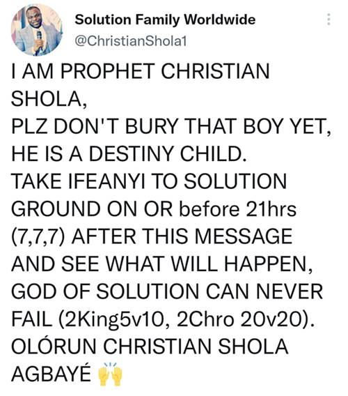 Don’t Bury Ifeanyi Yet – Pastor Shola Gives Davido Conditions To Make Late Son Comeback To Life